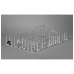 Clear polycarbonate caddy for organizing IV start supplies, phlebotomy supplies, vaccine administration supplies, syringes, and alcohol wipes. Overall dimensions: 18 1/4 in length, 11 1/2 in width, 2 1/2 in height.