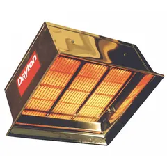 Propane-fired suspended infrared flat panel ceiling heater for indoor use. Provides 90,000 BtuH heating capacity input with floor coverage of 20 ft x 20 ft at a minimum mounting height of 16 to 18 ft. Overall dimensions 22-1/2 in H x 26-5/8 in W x 15-1/4 in D. Clearance to combustibles: 42 in top, 98 in below, 48 in sides.
