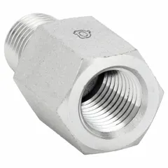 Steel hydraulic hose adapter for converting BSPT male threads to NPT female threads. Rigid, straight design with 1/8 in x 1/8 in fitting size. Used in fluid power, lubrication, and pneumatic systems requiring thread type conversion.