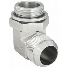 This steel hydraulic hose adapter features a 90° rigid elbow design with male x male connections, transitioning from metric to JIC threads. It is suited for industrial hydraulic systems requiring a directional change between metric and JIC ports.