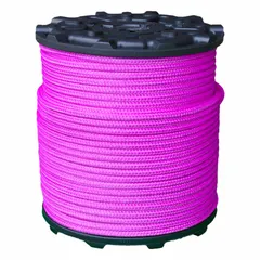 Static double-braid rope with 1/2 in diameter and 3,700 lb working load limit. Constructed from polyester for low stretch under load. Suitable for rigging, climbing, and industrial positioning applications where minimal elongation is required.