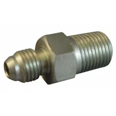 This steel hydraulic hose adapter features male NPTF threads on both ends for connecting two female ports in a rigid, straight configuration. It is used in hydraulic systems to create leak-resistant joints between components with NPTF threading.
