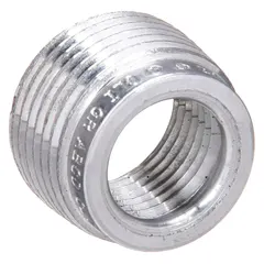 Aluminum reducing bushing for hazardous locations. Reduces a 1/2-inch trade size opening to 3/8-inch trade size. Used to adapt conduit or cable entries in explosion-proof enclosures, ensuring proper sealing and compliance with area classifications.
