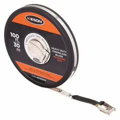 Manual closed-reel long tape measure with a 100 ft / 30 m fiberglass blade. Features double-sided metric/SAE graduations (2 mm and 1/8 in increments) and a stainless steel nonmagnetic double hook end. Suitable for general measuring tasks in construction, surveying, and industrial layout where a non-conductive, durable tape is required.