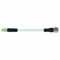 M12 female straight to M8 male straight cordset with gray PUR jacket, 5 m length, 24 AWG, IP65. Suitable for twisting applications in industrial environments requiring reliable connections.