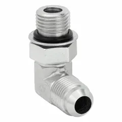This rigid 90° elbow adapter connects O-ring boss (ORB) ports to JIC male threads in hydraulic systems. Made of steel, it features male x male connections with a 1/2 in x 1/2 in fitting size. Suitable for fluid power connections in industrial machinery and mobile equipment.