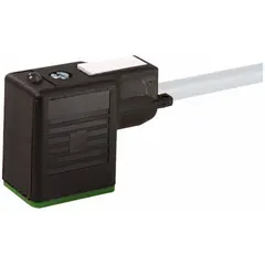 Single-ended cordset with female right-angle DIN Form Industrial B connector and bare wire termination. 3-pin, 18 AWG, 10 m PVC cable with gray jacket. Rated IP67 for protection against dust and moisture in industrial environments.