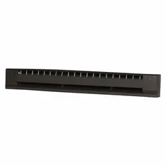 Commercial grade electric baseboard heater with conventional brown housing. Operates at 240/208 V with selectable 1000 or 750 W output. Includes built-in thermostat for local temperature control. Suitable for space heating in offices, retail stores, and light industrial facilities.