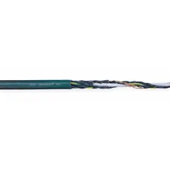 This continuous flexing control cable from the Chainflex CF5 series features 18 conductors of 14 AWG copper with a PVC jacket and 600 V rating. It includes a ground conductor and is heat resistant, meeting cRUus standards. Suitable for use in cable carriers (e-chain) and other high-flex applications requiring reliable signal or power transmission.