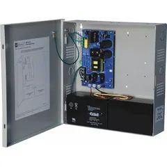 Steel-enclosed power supply board converting 115V AC input to regulated 24 VDC output at 10 A. Suitable for powering control panels, security systems, and access control equipment in indoor industrial environments.