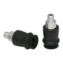 Bellows-type vacuum pad assembly with 1.5 folds, designed for handling delicate electronic components in automated pick-and-place systems. Features M5 connection, 13 mm pad diameter, 21 mm pad height, NBR material with 55 A durometer, and black color.