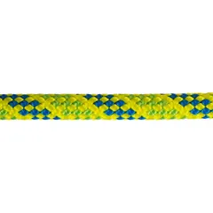This 7/16 in diameter static kernmantle rope is constructed from nylon with a blue and yellow color scheme. It has a working load limit of 680 lb and is suited for rigging, climbing, and industrial access applications where minimal stretch is required.