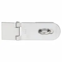 Stainless steel weld-on hasp for permanent mounting on enclosures, gates, or machinery. Provides a secure attachment point for padlocks or locking hardware. Dimensions: 1 1/2 in height, 13/16 in length, 3 1/2 in width
