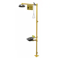 This floor-mount emergency shower and eyewash station provides immediate decontamination for industrial environments. It features an uncovered design with a stainless steel bowl, galvanized steel pipe, and a stainless steel shroud. Typical applications include chemical plants, laboratories, and manufacturing facilities where quick flushing of hazardous substances from skin and eyes is required.