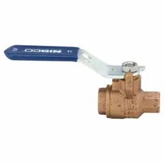 Bronze straight ball valve with female NPT threaded ends and a lever handle. Rated for 600 psi cold working pressure. Used for on/off flow control in plumbing, HVAC, and process piping systems handling water, oil, or gas.