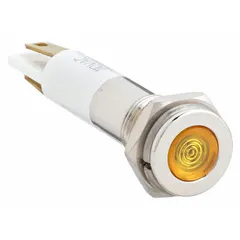 This LED indicator pilot light features a yellow flush head design with an H08 type. It mounts in a 5/16 in panel hole and connects via a 0.11 Male Quick Disconnect. Used in industrial control panels and machinery to provide visual status indication.