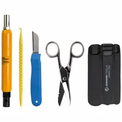 This 4-piece communications tool set includes scissors, a can wrench, and a multi-bit screwdriver, all stored in a tool pouch. Designed for field use by telecom and data technicians for installing, maintaining, and repairing communication cables and equipment.