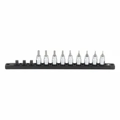 This 25-piece set includes 9 SAE tamper-proof hex bit sockets ranging from 5/54 in to 1/4 in with a 3/8 in drive. Features a replaceable insert for secure engagement with security fasteners. Suitable for automotive, industrial, and maintenance tasks requiring tamper-resistant fasteners.