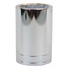 This 1/2" drive hand socket features a 1-1/2" SAE size with a 12-point deep design. The chrome finish provides corrosion resistance. Suitable for turning hex fasteners in general mechanical and industrial applications.