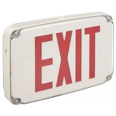 Wet location rated exit sign with white plastic housing and two red LED-illuminated faces. Designed for ceiling mounting and operates on 120/277V AC without battery backup. Suitable for areas exposed to moisture such as covered walkways or parking garages.