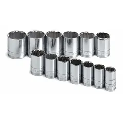 This 13-piece socket set includes 12-point metric sockets from 15 mm to 32 mm with a 1/2 in drive. The sockets feature a friction ball retainer for secure attachment. Suitable for tightening and loosening metric fasteners in mechanical maintenance and repair tasks.