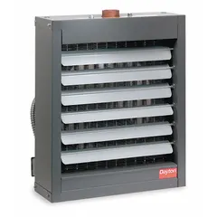 DAYTON Hydronic Wall and Ceiling Unit Heater: Steam/Water, 148,000 BtuH Output @ 200 F Water. Key specifications — Air Flow: 2.900 cfm; Brand: DAYTON; Connection Size, Connection Type: 1-1/2 in, Threaded Female NPT; Fan Guard Type: OSHA Compliant Guard; Heating Method: Water; Overall Dimensions - H x W x D: 29 in x 24-5/8 in x 13-3/4 in.