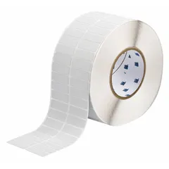 Thermal transfer precut label roll measuring 1/2 in x 1 1/2 in. Features a rubber aggressive adhesive for permanent bonding on challenging surfaces. Compatible with BBP11 printer series. Used for industrial identification and labeling applications.