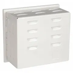 This steel thermostat guard features a hinged cover with lock and key for secure access and tamper resistance. The solid base and single-wall construction provide protection for wall-mounted thermostats in commercial or industrial settings. Inside dimensions: 4-5/8 in H x 5-1/4 in W x 2-1/2 in D; outside: 5-3/16 in H x 5-13/16 in W x 2-13/16 in D. Off-white finish.