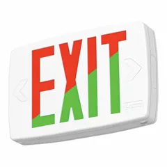 White plastic LED exit sign with red/green switchable text and directional chevrons. Operates on 120-277VAC. Ceiling mount, 1 or 2 faces. No battery backup. For use in commercial and public buildings requiring constant-on egress marking.