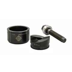 This round punch and die set is designed for creating clean holes in 10 ga mild steel sheet metal. The nominal size is 2 27/64 inches. It is commonly used in electrical panel fabrication, junction box installation, and metal enclosure work for precise conduit or cable openings.