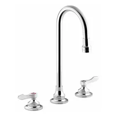 This widespread handle bathroom faucet is constructed from brass with a polished chrome finish. It features a gooseneck spout and delivers a flow rate of 1 gpm. Suitable for bathroom sink installations in residential and commercial settings.