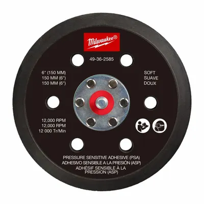 MILWAUKEE Disc Backup Pad: 6 in Wd, Round, PSA, Soft, For 2584-20, 6 Vacuum Holes - Backing Pads for Power Sanders