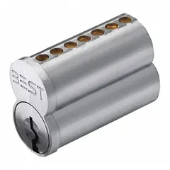 This BEST Small Format Interchangeable Core (SFIC) cylinder is designed for cylindrical lock assemblies. It features a chrome finish, WB keyway, and 7 pins. The SFIC design allows quick rekeying without removing the core from the lock, suitable for commercial applications requiring frequent key changes.
