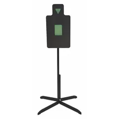 This freestanding reactive pop-up target is constructed from steel with a black finish. It measures 24 inches in height and 13 inches in width. The target is designed for shooting range training, providing audible and visual feedback upon impact.