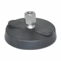 Swivel female leveling mount with an 80 mm base, made of glass filled nylon. Features M16 thread size and a load capacity of 22,241.11 N. Designed for leveling and supporting heavy equipment such as machinery, conveyors, or workstations. Mounting holes not included