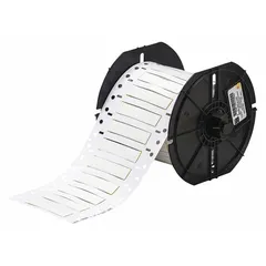 Polyvinylidene fluoride precut sleeve label roll with white matte finish. Each label measures 1/4 in x 2 in and fits wire gauges 8 AWG to 12 AWG. Designed for use with the BBP33 printer series. Commonly used for wire and cable identification in electrical panels, machinery, and control systems.