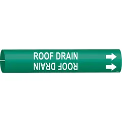 Snap-on pipe marker for identifying roof drain pipes. Green background with white legend and directional arrows. Fits pipe outer diameters from 2-1/2 to 3-7/8 inches. Suitable for industrial piping systems where clear pipe identification is required for maintenance and safety.