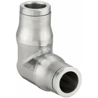 Stainless steel push-to-connect elbow fitting with 8 mm OD x 8 mm OD size and push-to-connect x push-to-connect configuration in silver. Used in pneumatic and fluid-handling systems for tool-free 90-degree connections of tubing