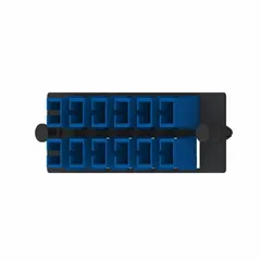 Single-mode fiber optic adapter plate with 12 SC simplex ports. UPC contact finish for low-loss connections in OS2 networks. Blue housing. Suitable for high-density fiber optic patching in structured cabling systems.