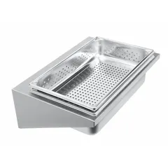 Stainless steel dump station designed for use with commercial fryers. Provides a removable surface for holding fried foods and allowing excess oil to drain. Overall width 23 in, overall depth 14 in.