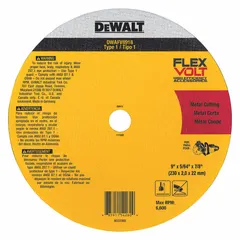 Type 1 cut-off wheel for carbon and stainless steel. Ceramic construction with 60 grit. Measures 9" diameter, 5/64" thickness, 7/8" arbor. Part of the Flexvolt series. Used in metal fabrication, construction, and maintenance for cutting steel.