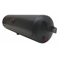 Horizontal air tank for vehicle-mounted pneumatic systems. 12.33-gallon capacity, 125 psi maximum operating pressure, 31.5-inch overall length. Suitable for use as a compressed air reservoir in truck, trailer, and bus air brake, suspension, and accessory systems.