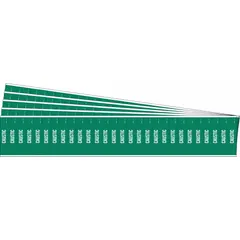 Green adhesive pipe marker with white legend text reading 'Caustic'. Fits pipe O.D. 3/4 in and smaller. Pack includes 28 markers per pack, 5 packs total. No directional arrows. Used to identify piping carrying caustic substances in industrial facilities.