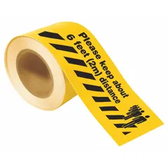 Polyester floor marking tape with black legend on yellow background reading 'Please keep about 6 feet (2m) distance'. Measures 4 inches wide by 100 feet long. Used to indicate social distancing guidelines in facilities and public areas.