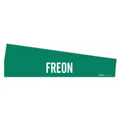 Green adhesive pipe marker with white 'Freon™' legend, designed for pipe outer diameters from 2-1/2 to 7-7/8 inches. Supplied in a pack of 5 markers without directional arrows. Used for identifying refrigerant lines in industrial piping systems.
