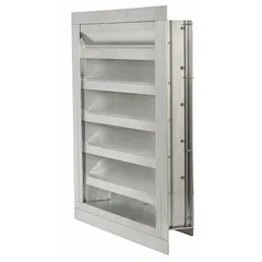 This drainable stationary-blade louver is designed for surface mounting on building exteriors. Constructed of aluminum, it measures 53 1/2 inches in height and 35 1/2 inches in width, with a maximum air velocity of 3500 fpm. Suitable for intake or exhaust applications requiring weather protection.