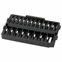 This black plastic organizer tray measures 8 1/16 inches wide by 12 inches deep by 1 7/16 inches high. It is designed to hold sockets securely within a modular tool storage system, keeping them sorted and protected during transport and on the job site.