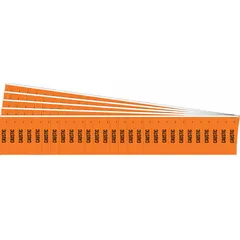 Orange adhesive pipe markers with black legend text reading 'Caustic'. Each pack contains 28 markers without arrows, designed for pipes with an outside diameter of 3/4 inch or smaller. Sold in a 5-pack. Used to identify pipes carrying caustic substances in industrial facilities for safety and hazard communication.
