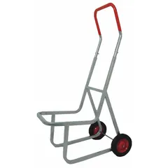 Hand truck designed for moving up to 16 stacking chairs. Features a flow-back design and 8 in diameter wheels with tread on core. Gray finish. Suitable for transporting chairs in commercial and institutional settings.