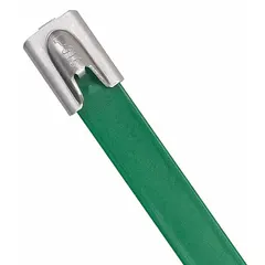 Coated 316 stainless steel cable tie with ball lock locking style. Nominal maximum bundle diameter 4 in, width 0.31 in. Green color, 50 pieces per pack. Suitable for bundling and securing cables in corrosive or outdoor environments.